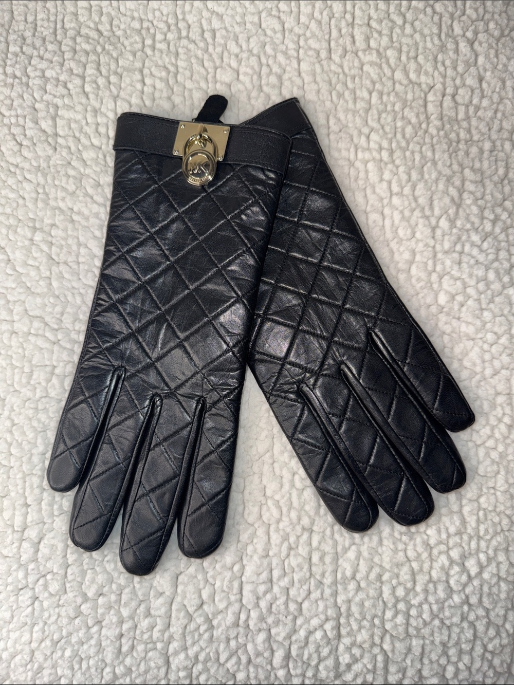 Michael Kors Black Quilted Leather Gloves with Gold Lock Detail